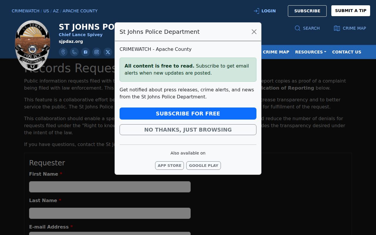 St. Johns Police request form for Apache County arrest and incident records