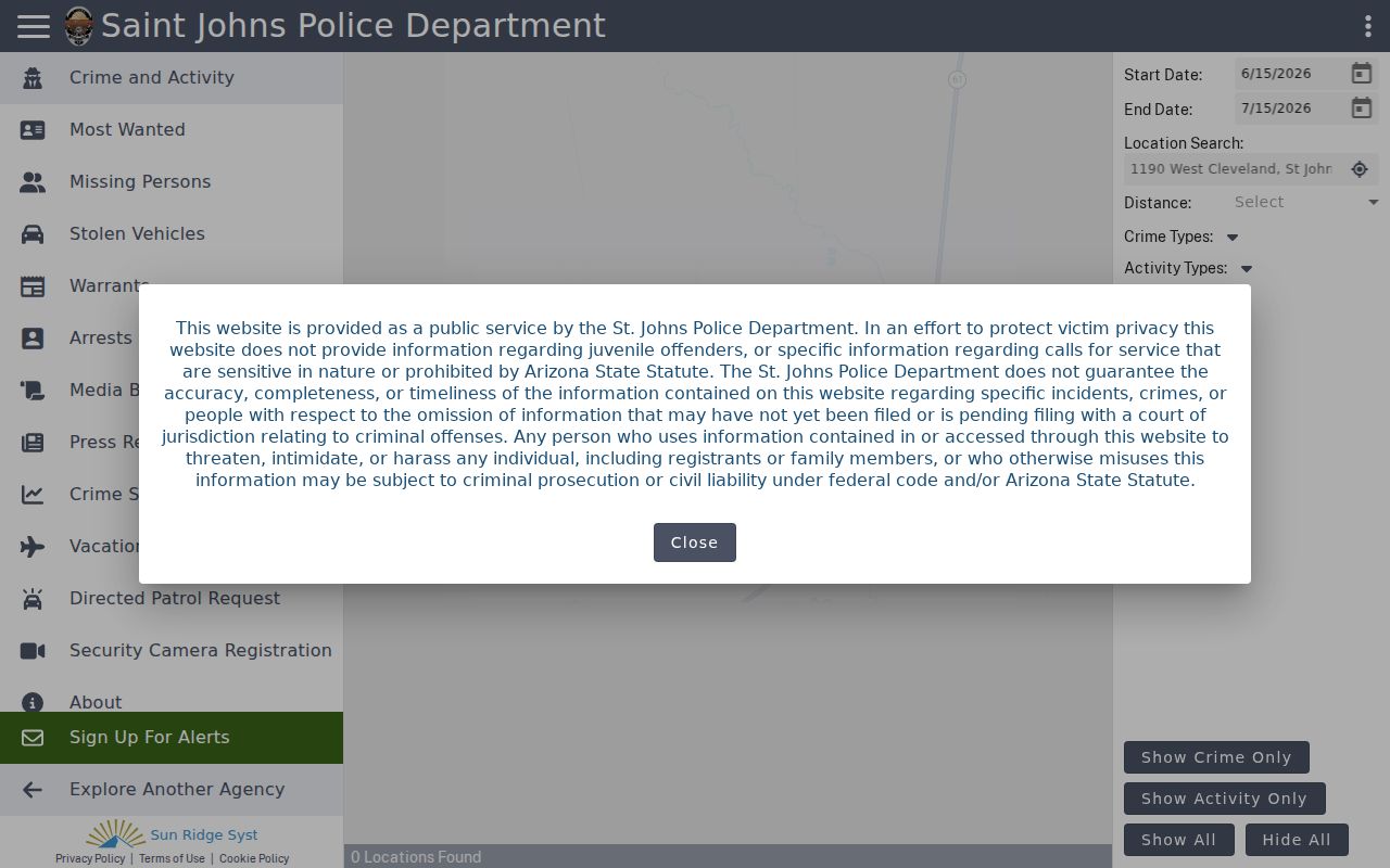 St. Johns Citizen RIMS map for Apache County arrest and incident context