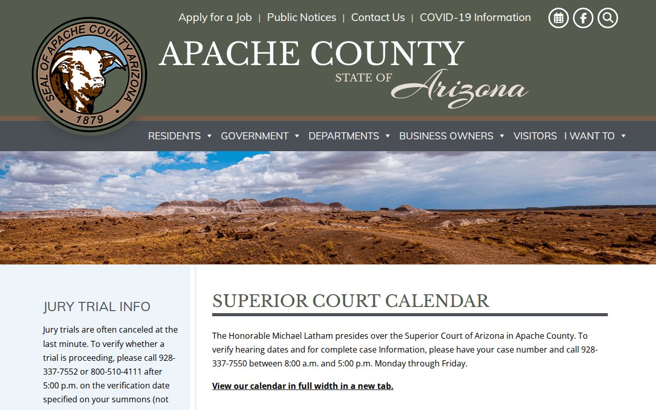Apache County criminal case calendar and hearing verification instructions