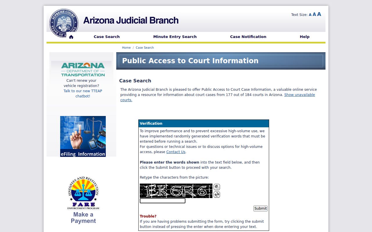 Arizona Public Access Apache County criminal case search screen