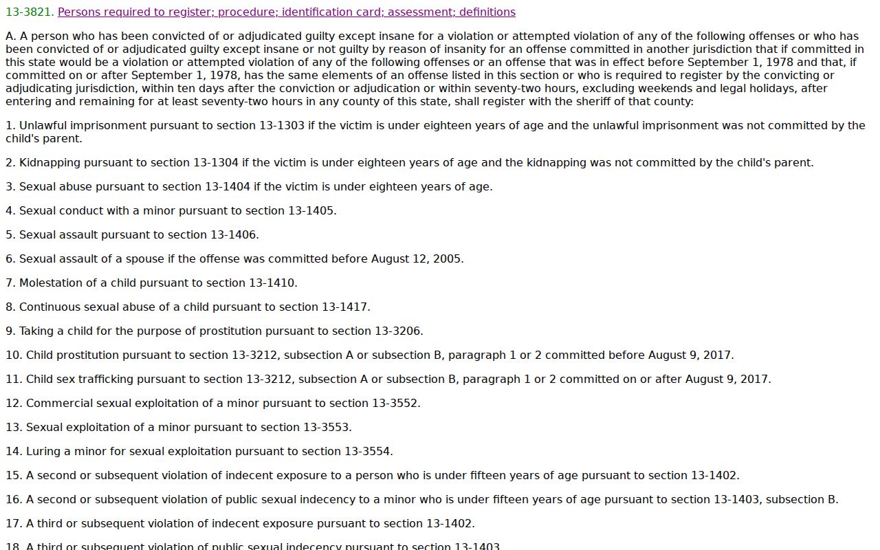 Arizona registration law for an Apache County sex offender check