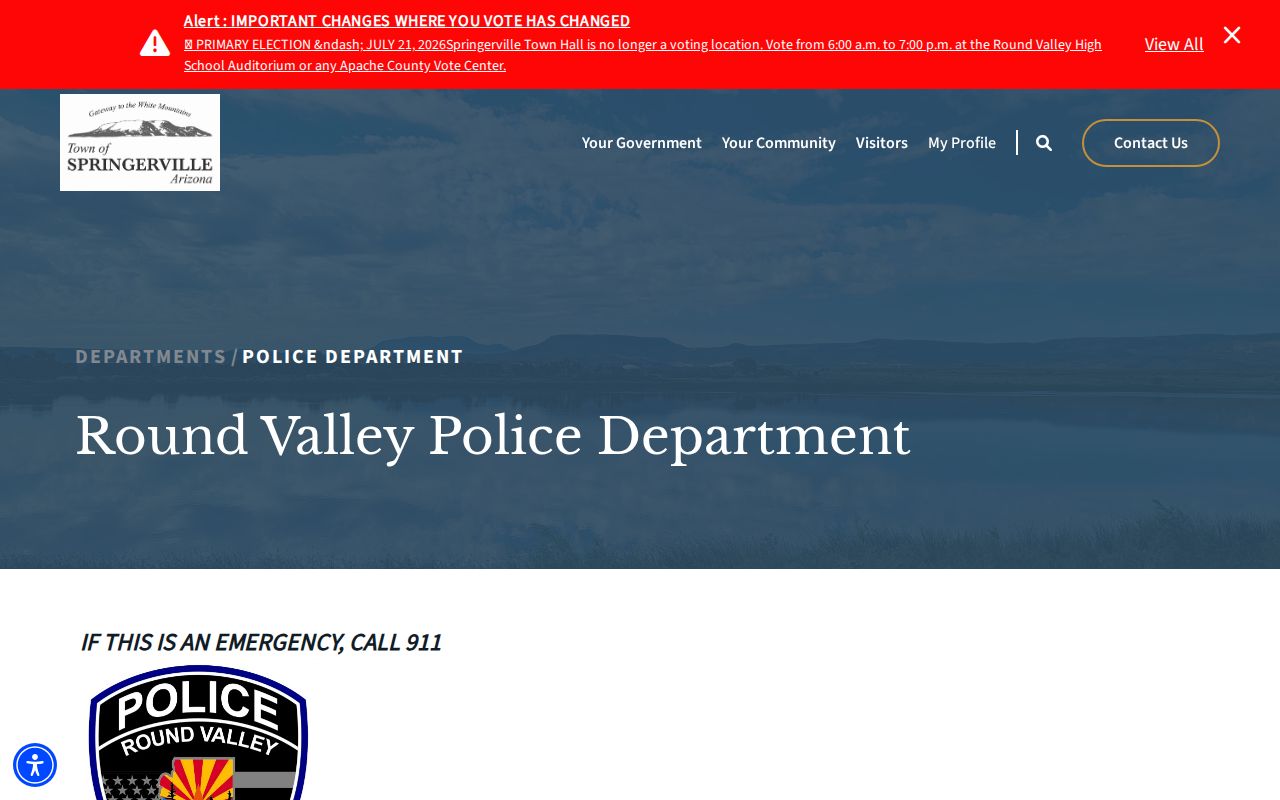 Round Valley Police Department page serving Springerville with contacts and service links